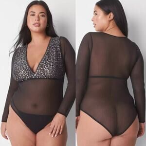 NWT Cacique Long-Sleeve Bodysuit Women's 22/24 Black Silver Sheer Mesh Spot Lace